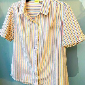 Bocabay Polyester Button Down Short Sleeve Shirt Rainbow Striped Medium